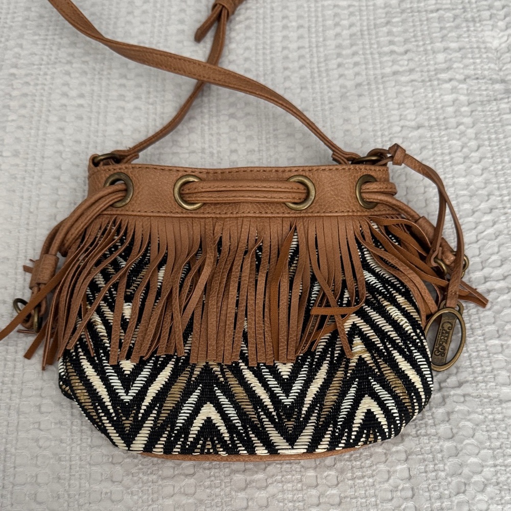Tan and Black Fringed Bucket Crossbody Bag